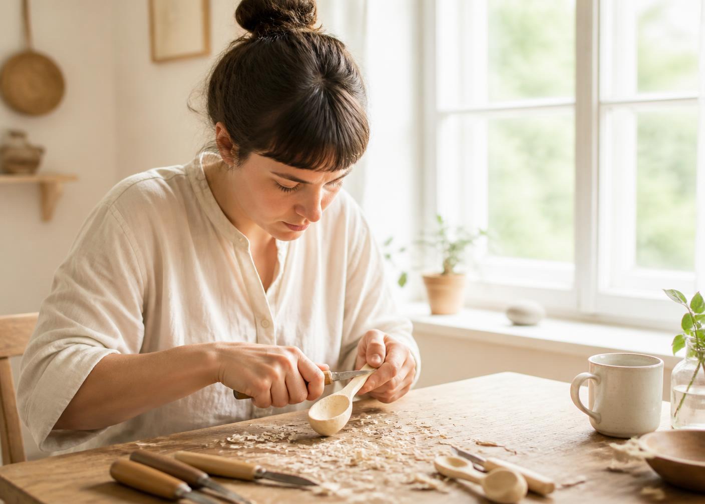 A person carving a wooden spoon by a sunlit window